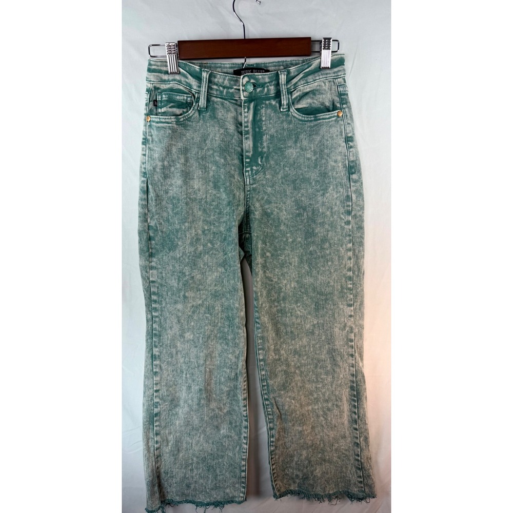 Judy Blue Teal Acid Wash High Rise Straight Leg Raw Hem Jeans Size 3/26
